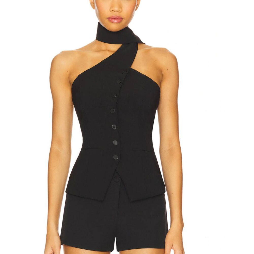 Black One-Shoulder Button-Front Tank Top with Neck Wrap